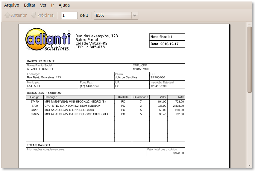 Nota fiscal em PDF